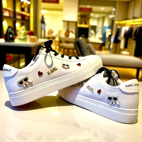 Karl Lagerfeld 9.5 pinned Cambie Women’s Sneakers White Logo low top - Picture 2 of 12